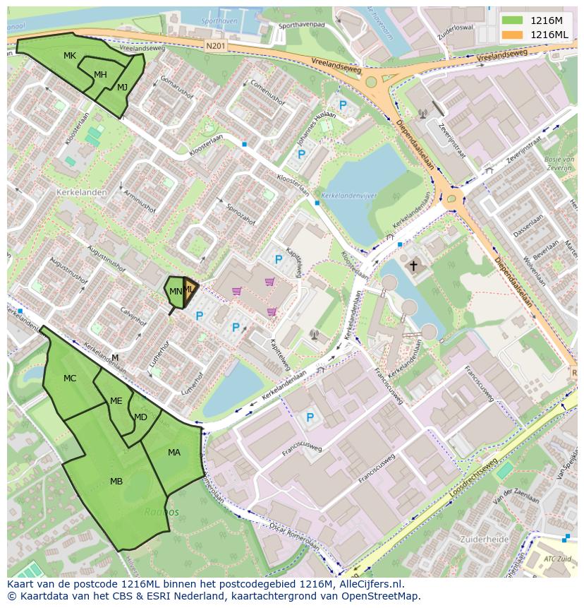 Afbeelding van het postcodegebied 1216 ML op de kaart.