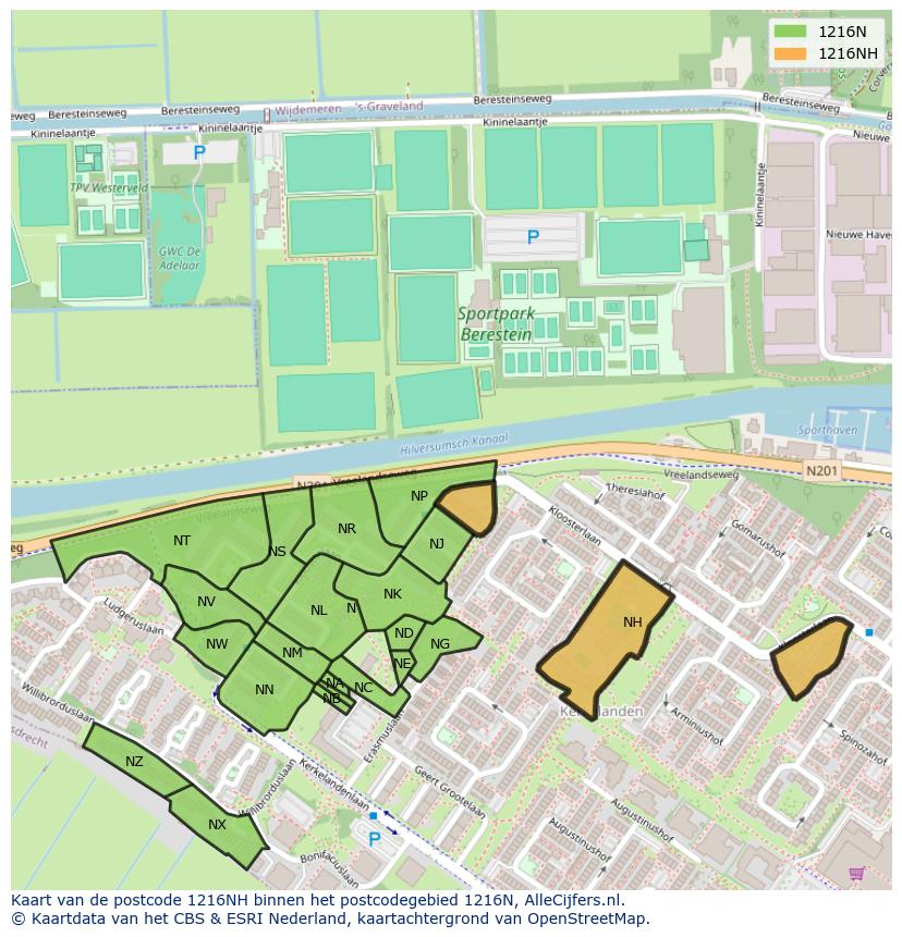 Afbeelding van het postcodegebied 1216 NH op de kaart.