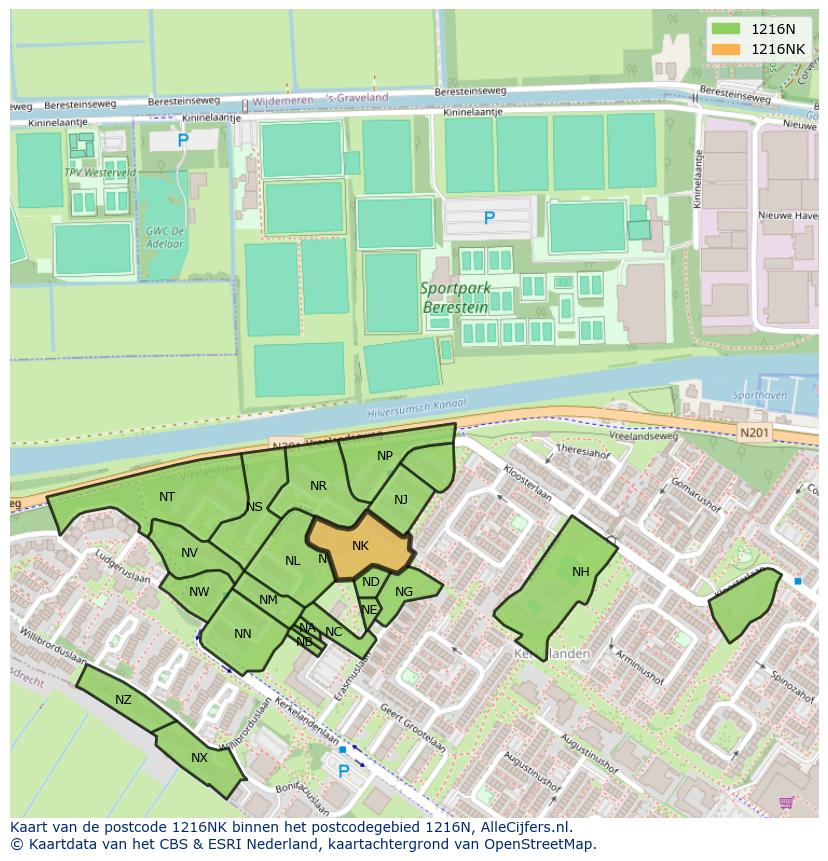 Afbeelding van het postcodegebied 1216 NK op de kaart.