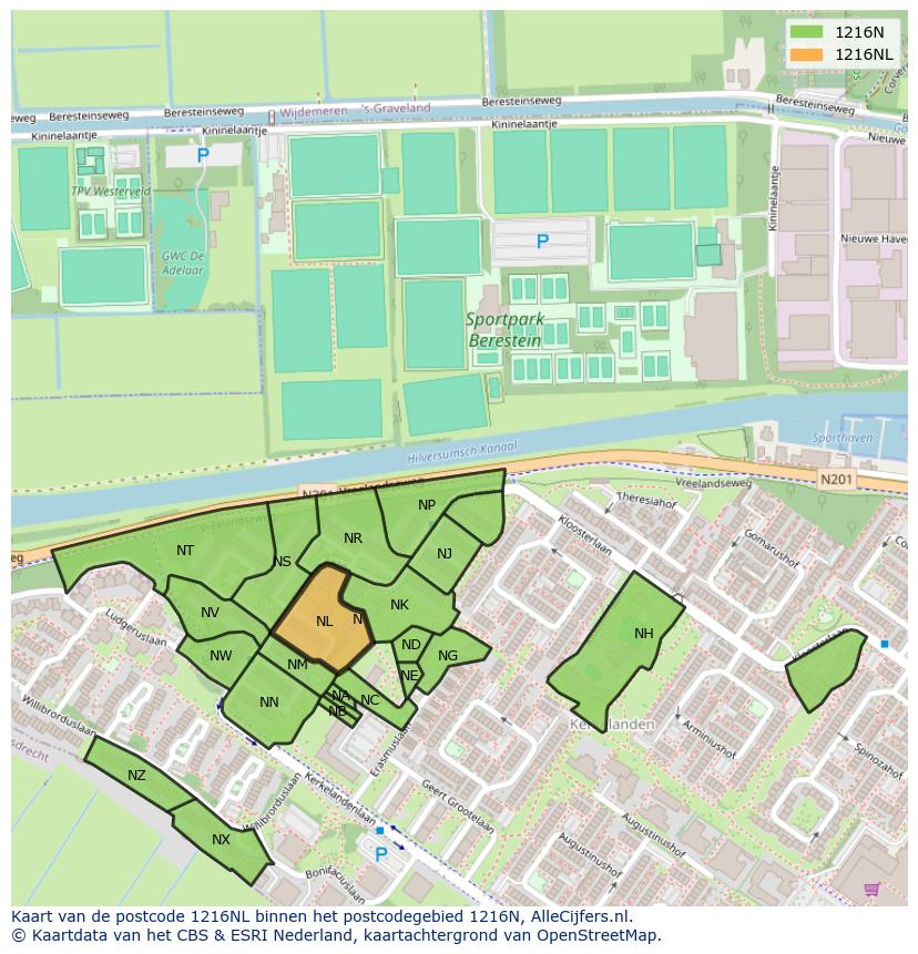 Afbeelding van het postcodegebied 1216 NL op de kaart.