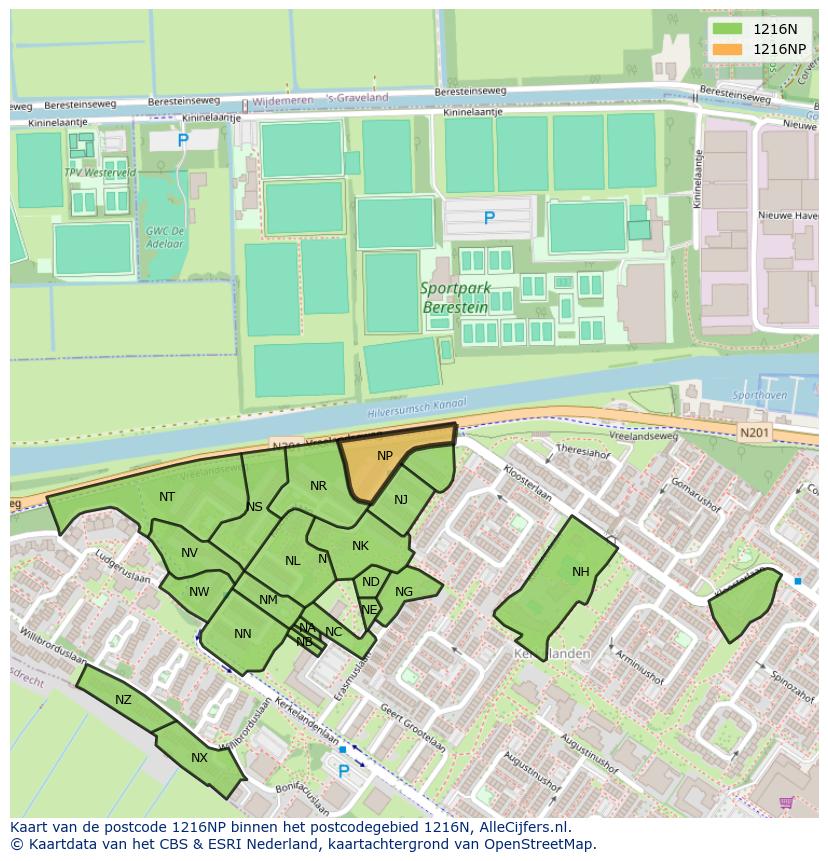 Afbeelding van het postcodegebied 1216 NP op de kaart.