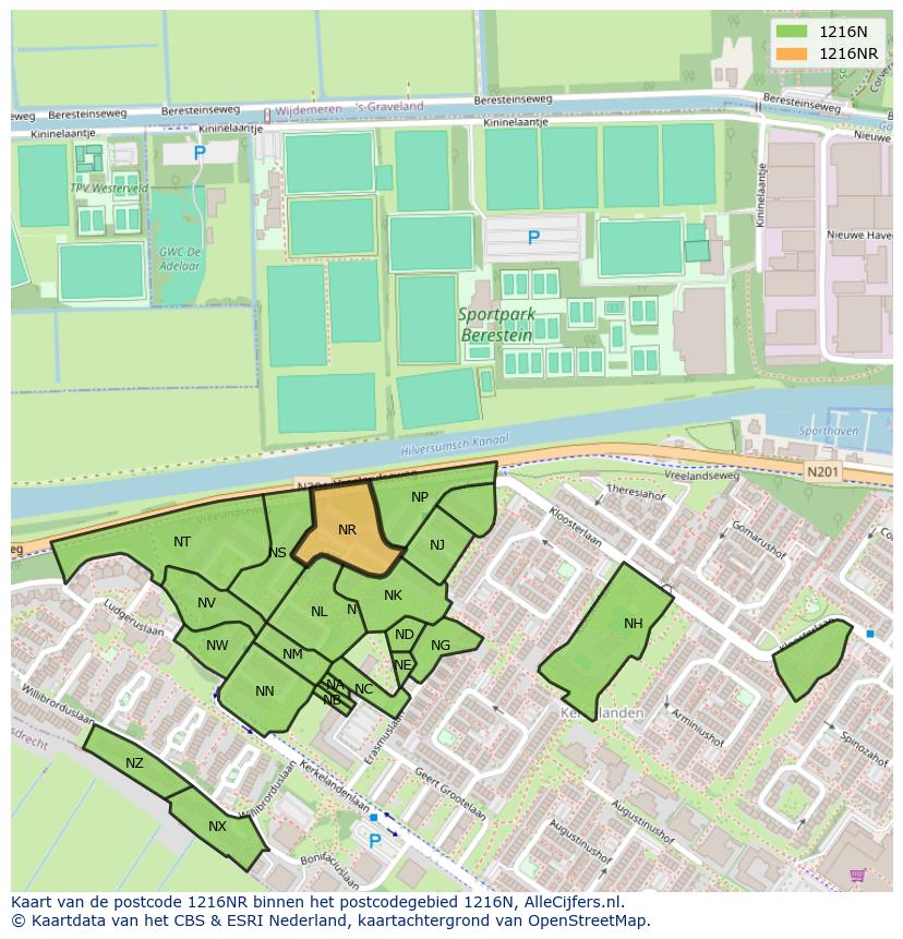 Afbeelding van het postcodegebied 1216 NR op de kaart.