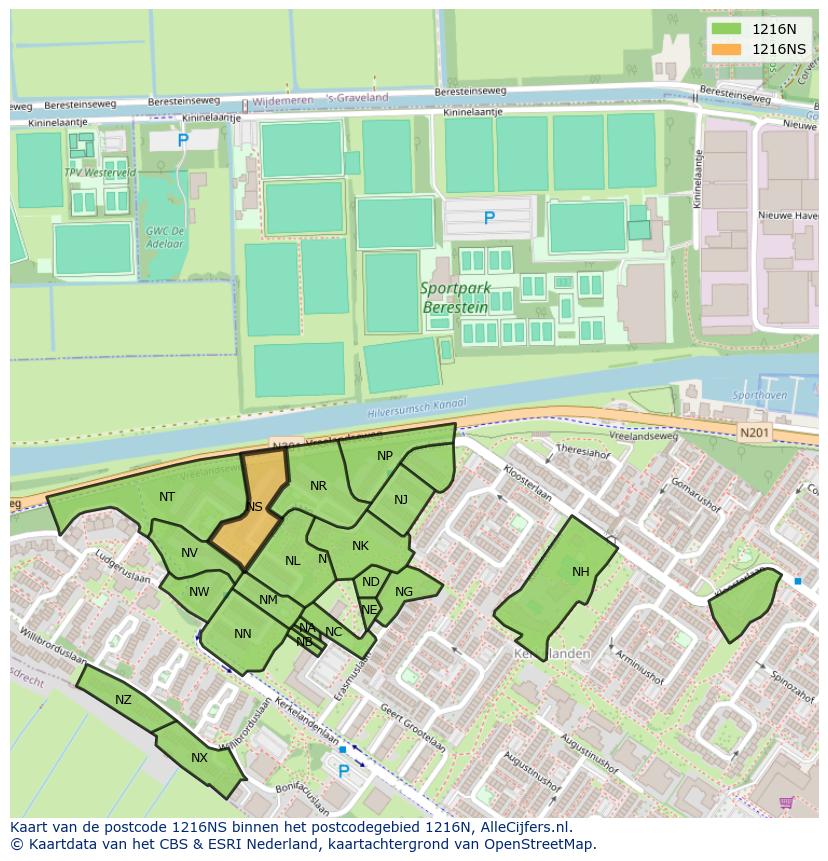 Afbeelding van het postcodegebied 1216 NS op de kaart.