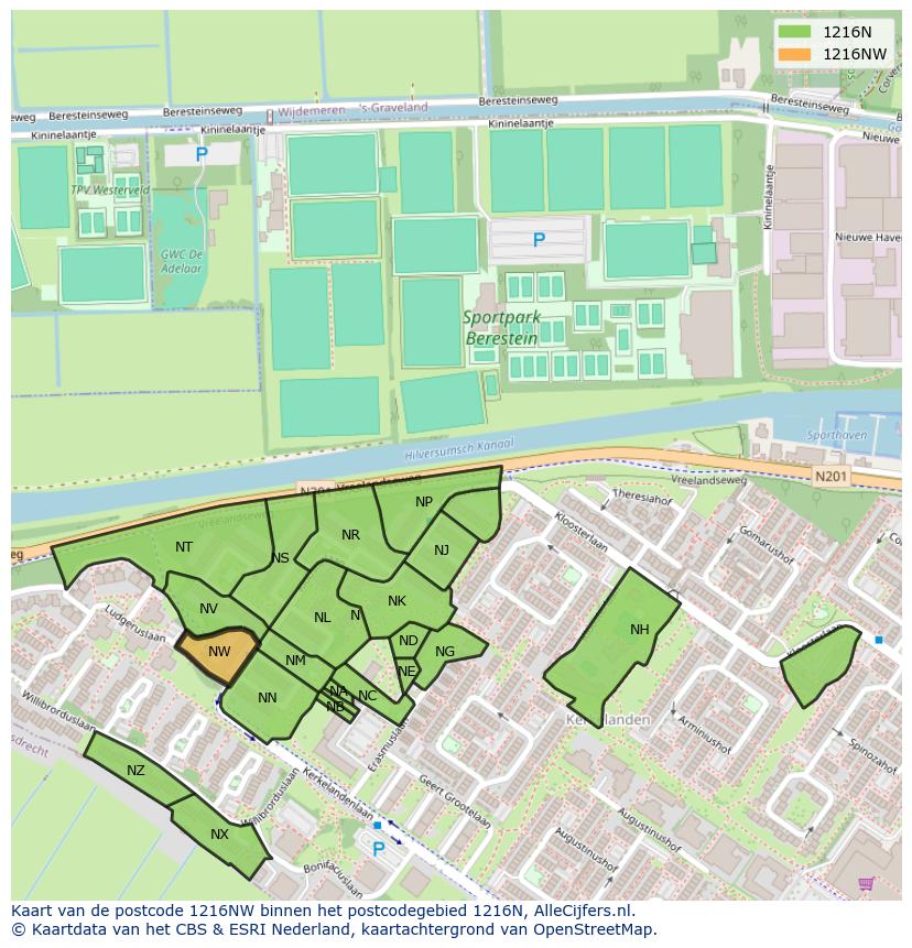 Afbeelding van het postcodegebied 1216 NW op de kaart.