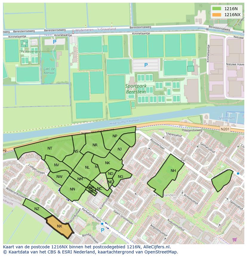 Afbeelding van het postcodegebied 1216 NX op de kaart.