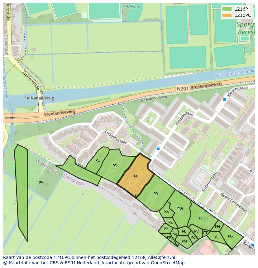 Afbeelding van het postcodegebied 1216 PC op de kaart.