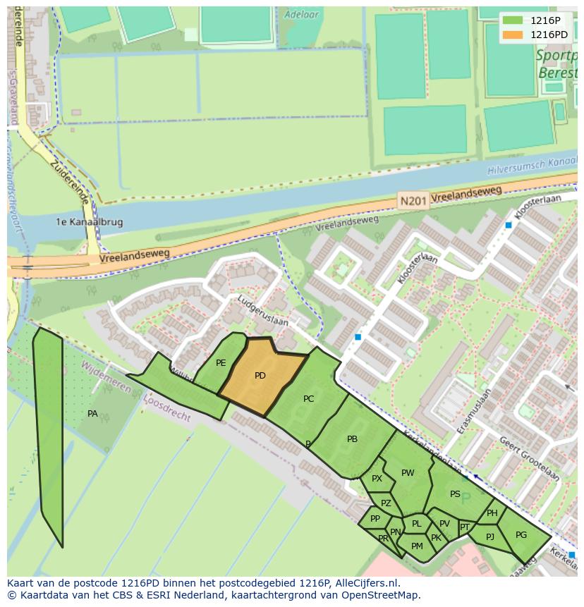 Afbeelding van het postcodegebied 1216 PD op de kaart.