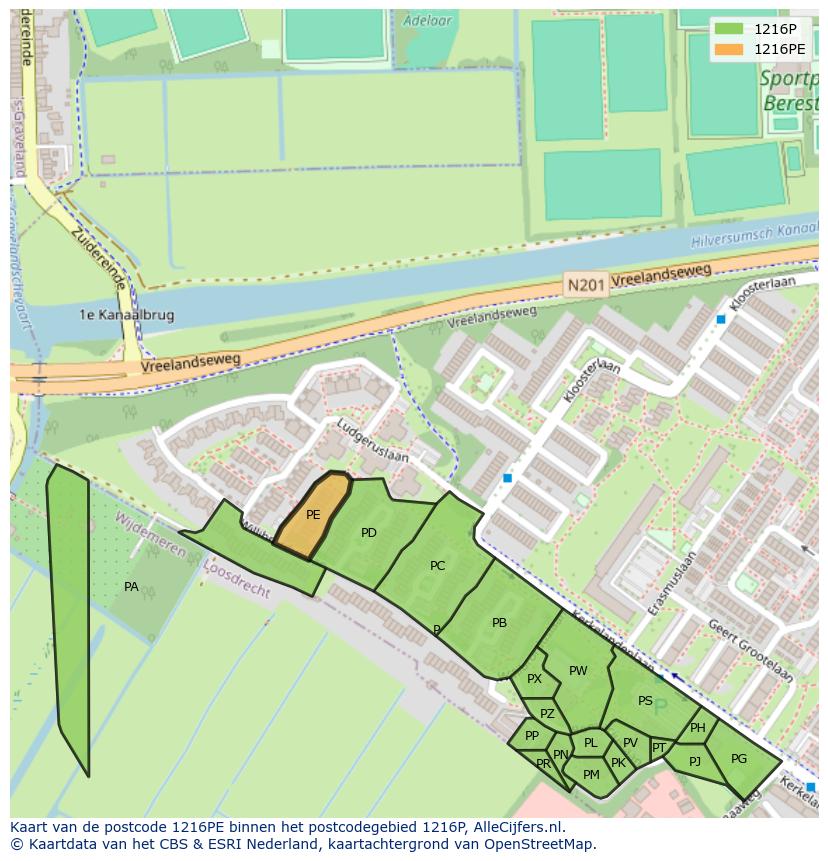 Afbeelding van het postcodegebied 1216 PE op de kaart.