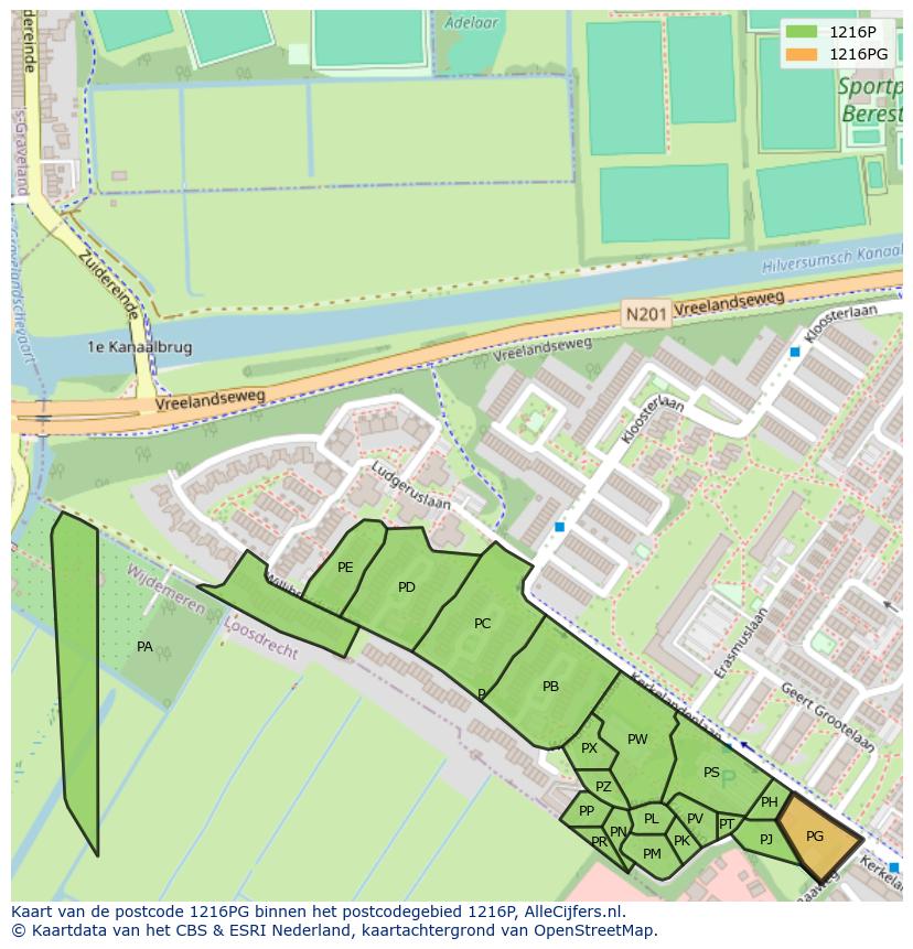 Afbeelding van het postcodegebied 1216 PG op de kaart.