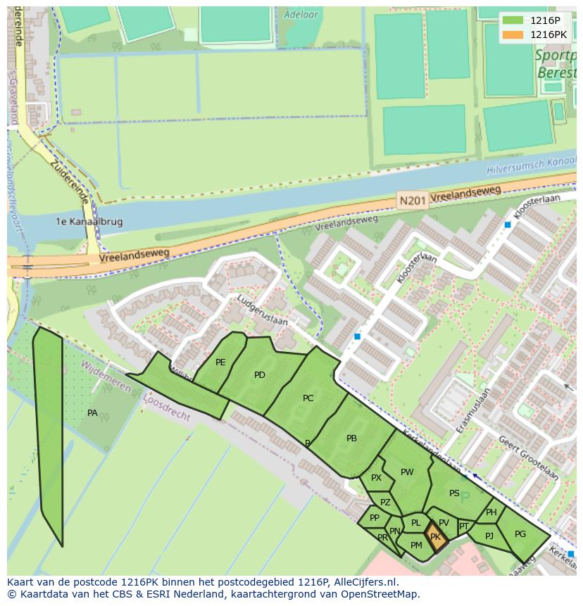 Afbeelding van het postcodegebied 1216 PK op de kaart.
