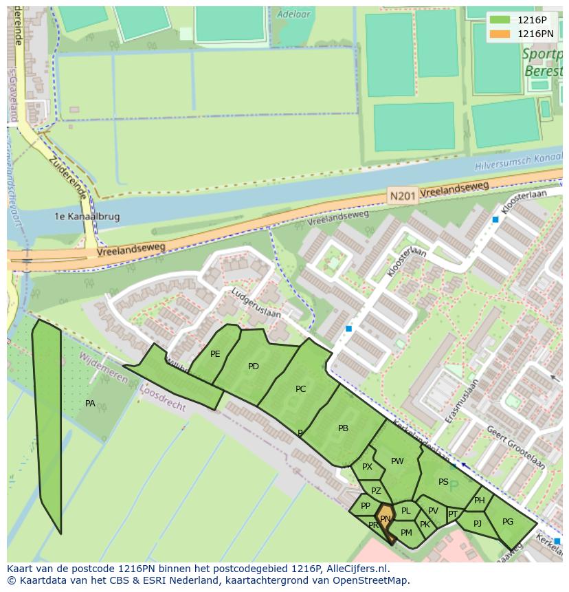 Afbeelding van het postcodegebied 1216 PN op de kaart.