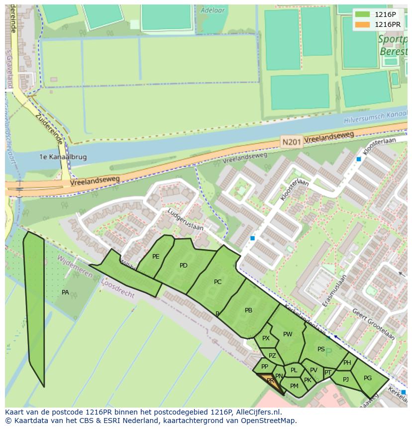 Afbeelding van het postcodegebied 1216 PR op de kaart.