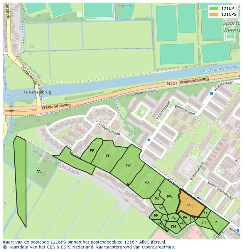Afbeelding van het postcodegebied 1216 PS op de kaart.