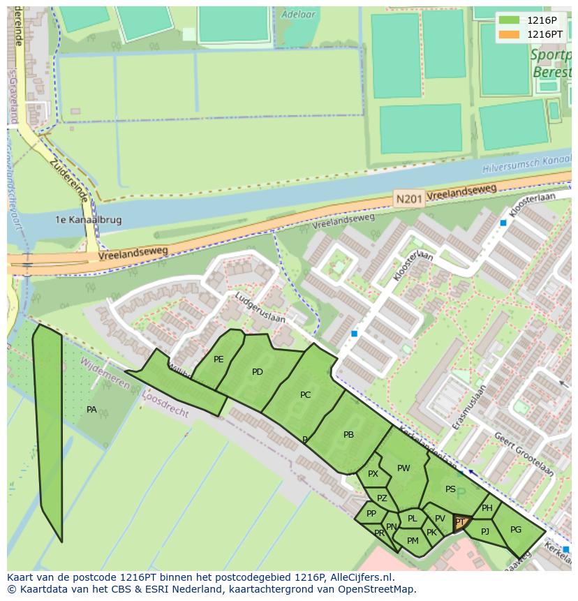 Afbeelding van het postcodegebied 1216 PT op de kaart.