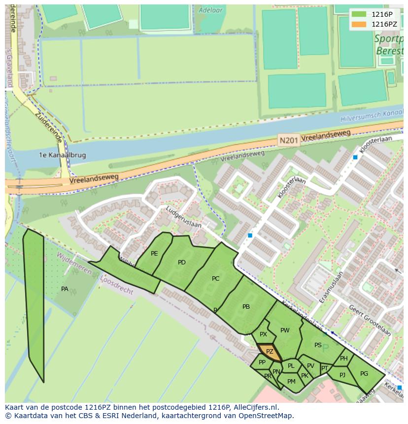 Afbeelding van het postcodegebied 1216 PZ op de kaart.