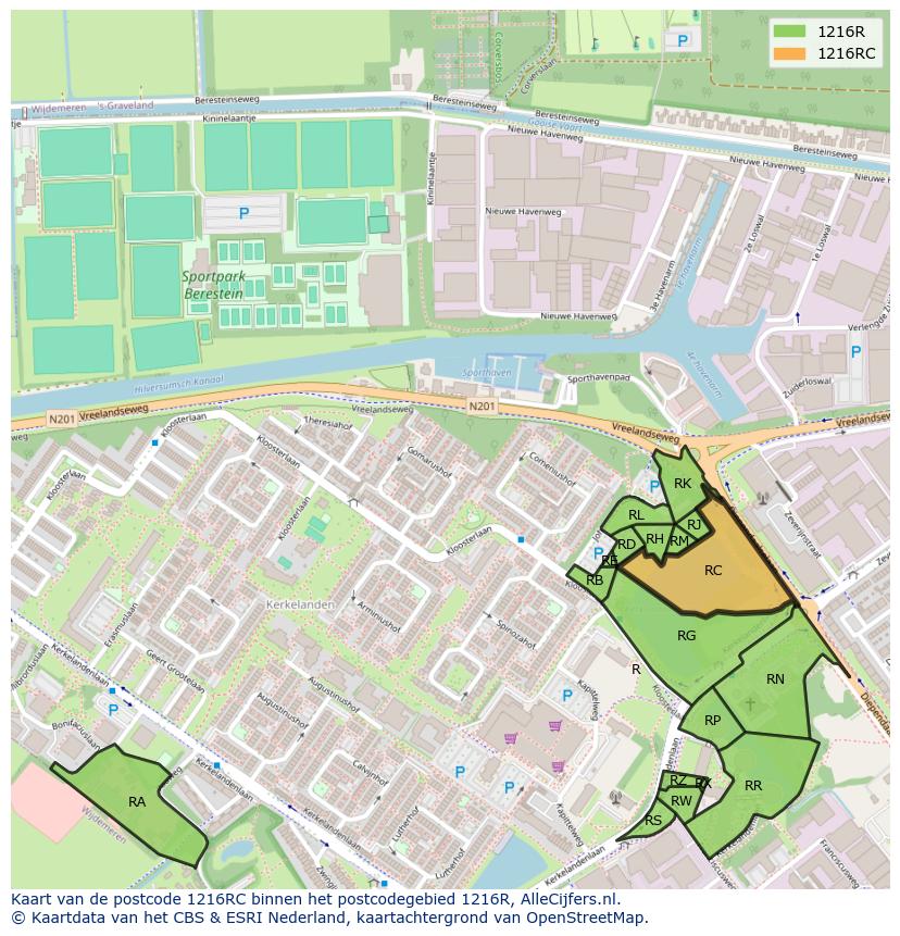 Afbeelding van het postcodegebied 1216 RC op de kaart.