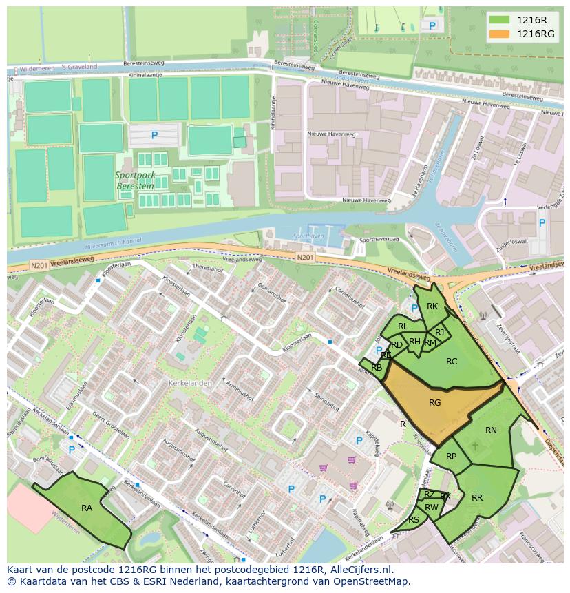 Afbeelding van het postcodegebied 1216 RG op de kaart.