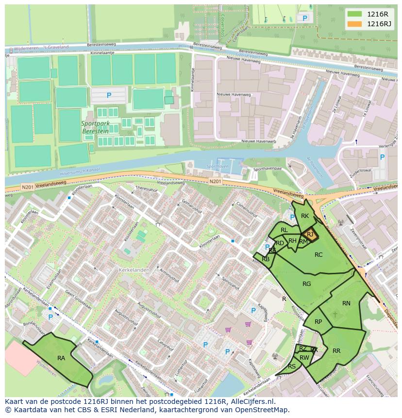 Afbeelding van het postcodegebied 1216 RJ op de kaart.