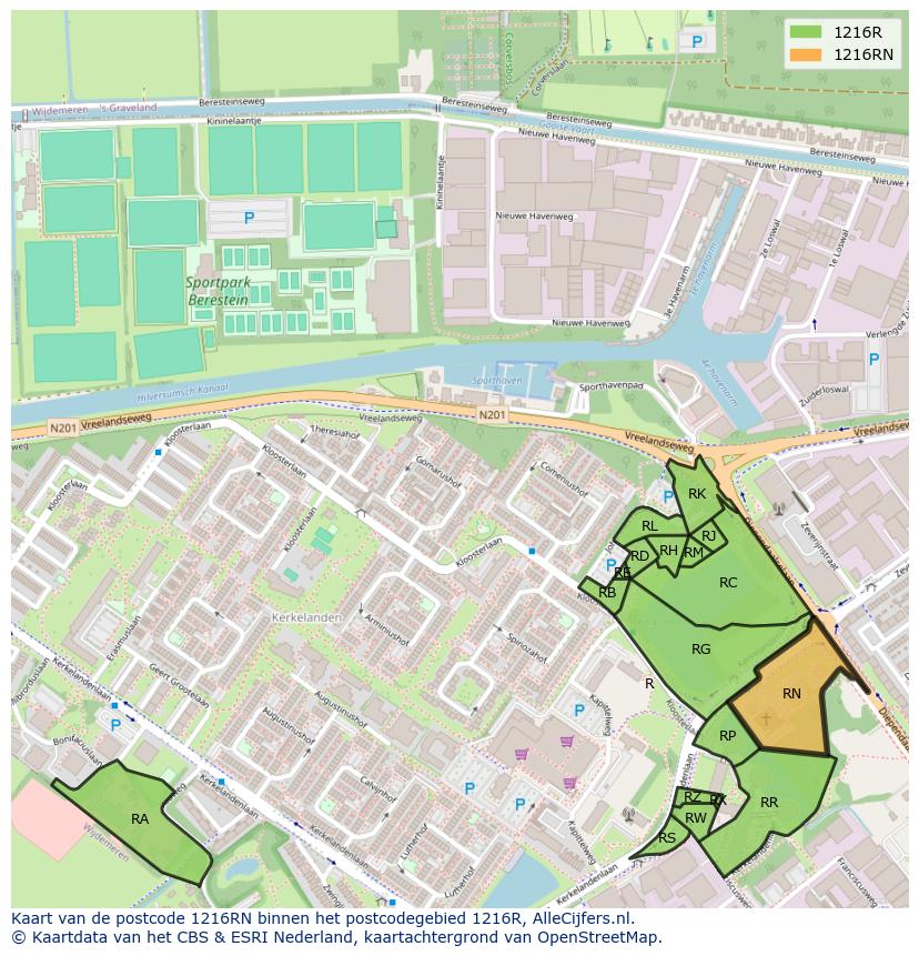Afbeelding van het postcodegebied 1216 RN op de kaart.