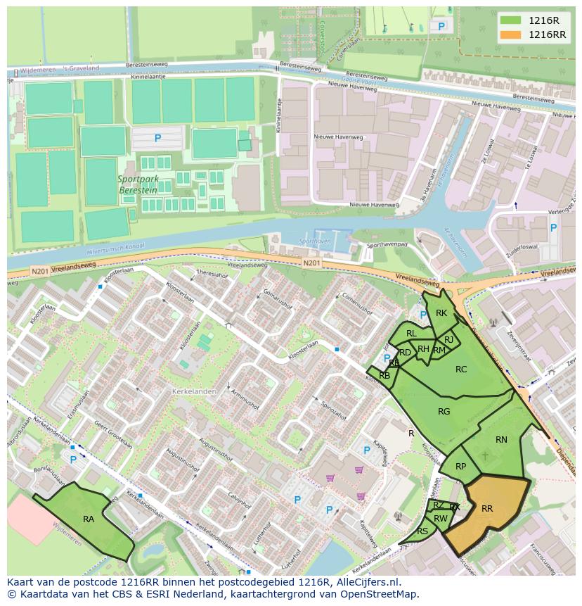 Afbeelding van het postcodegebied 1216 RR op de kaart.