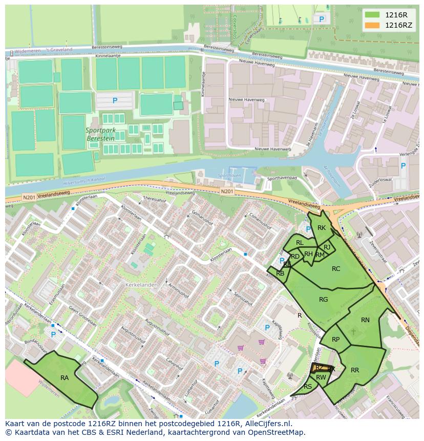 Afbeelding van het postcodegebied 1216 RZ op de kaart.