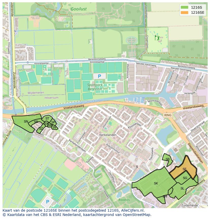 Afbeelding van het postcodegebied 1216 SE op de kaart.