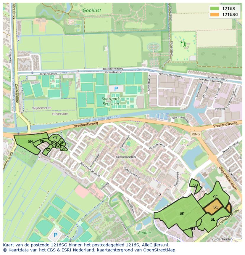 Afbeelding van het postcodegebied 1216 SG op de kaart.