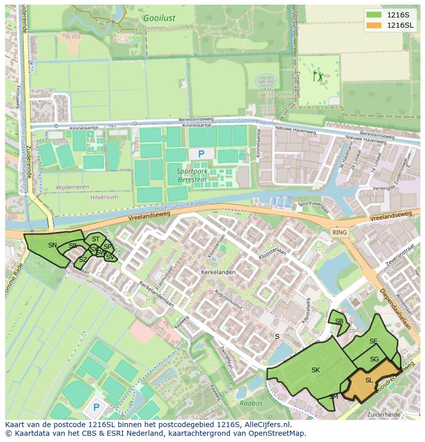 Afbeelding van het postcodegebied 1216 SL op de kaart.