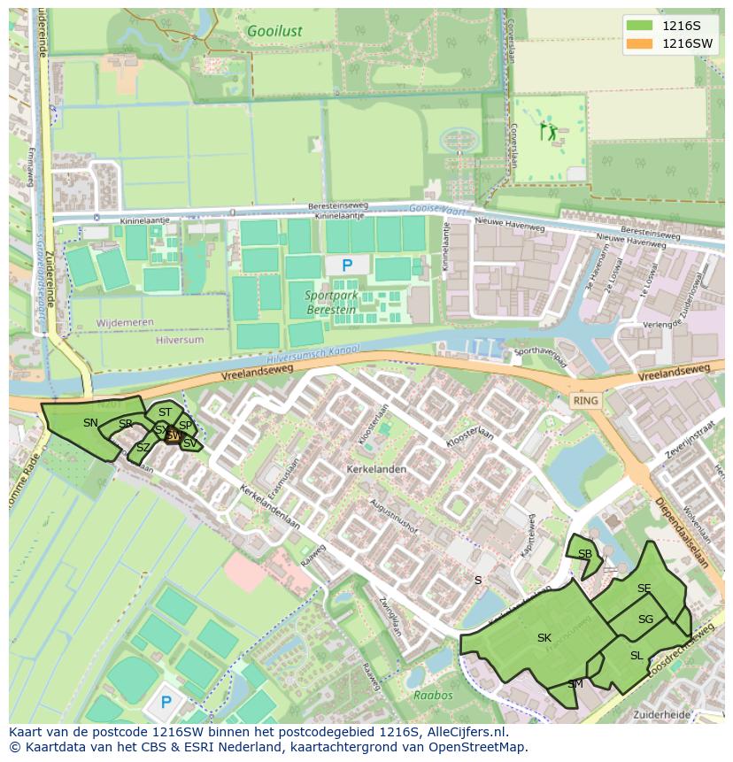 Afbeelding van het postcodegebied 1216 SW op de kaart.