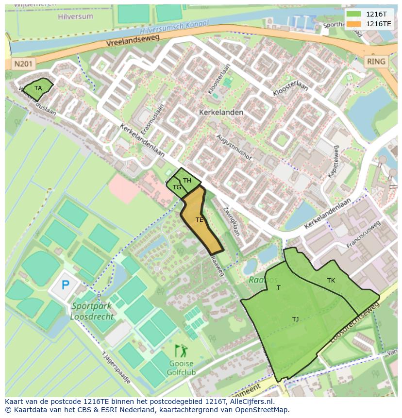Afbeelding van het postcodegebied 1216 TE op de kaart.