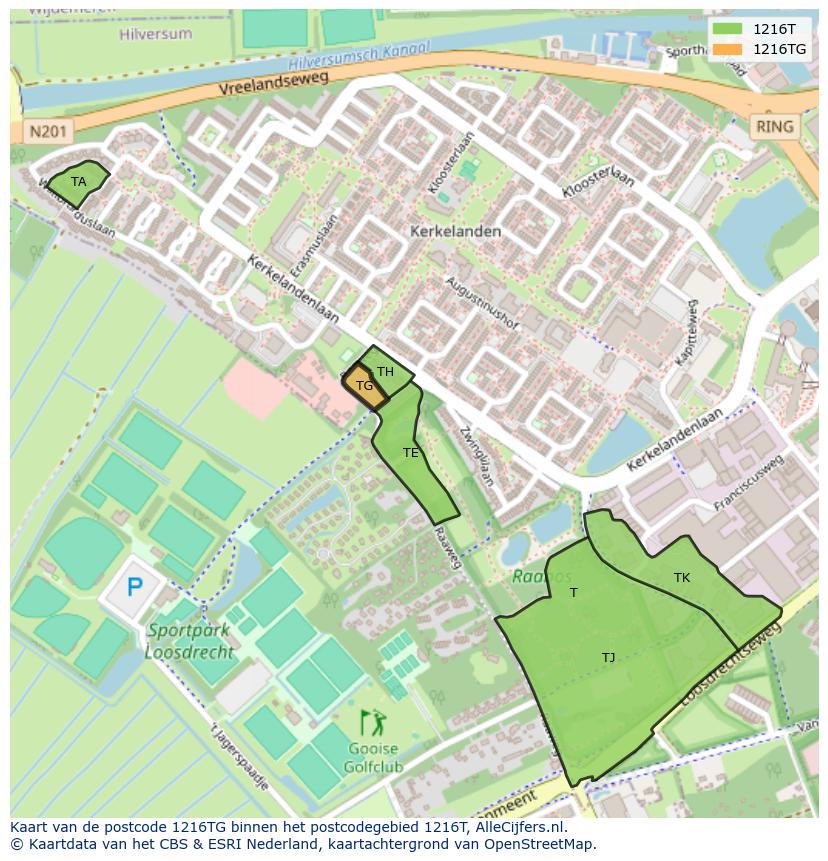 Afbeelding van het postcodegebied 1216 TG op de kaart.