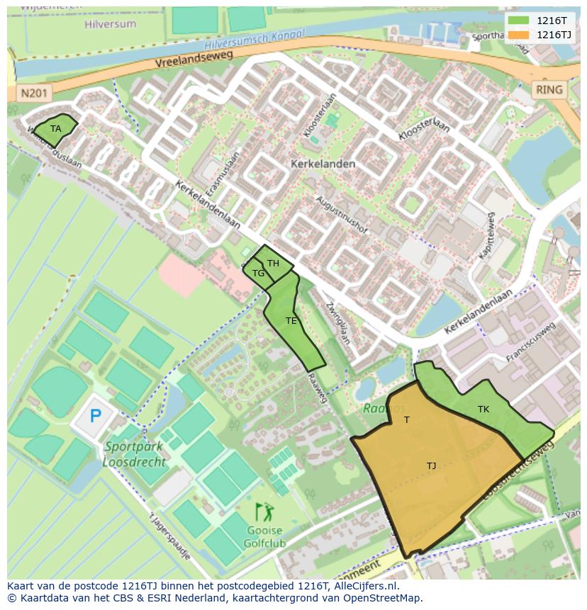 Afbeelding van het postcodegebied 1216 TJ op de kaart.