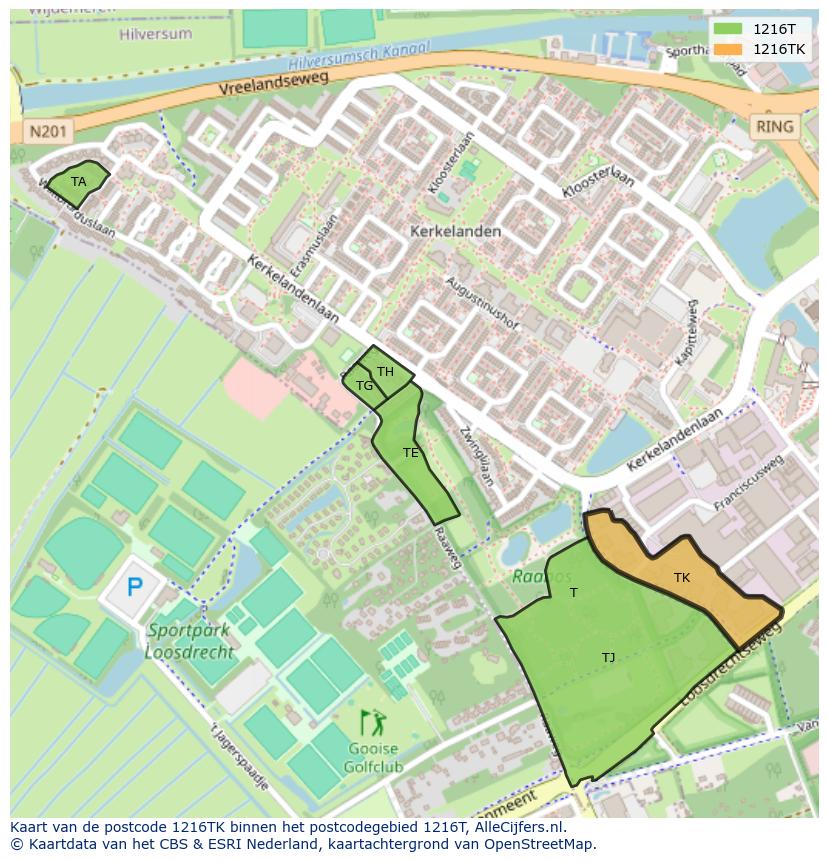 Afbeelding van het postcodegebied 1216 TK op de kaart.