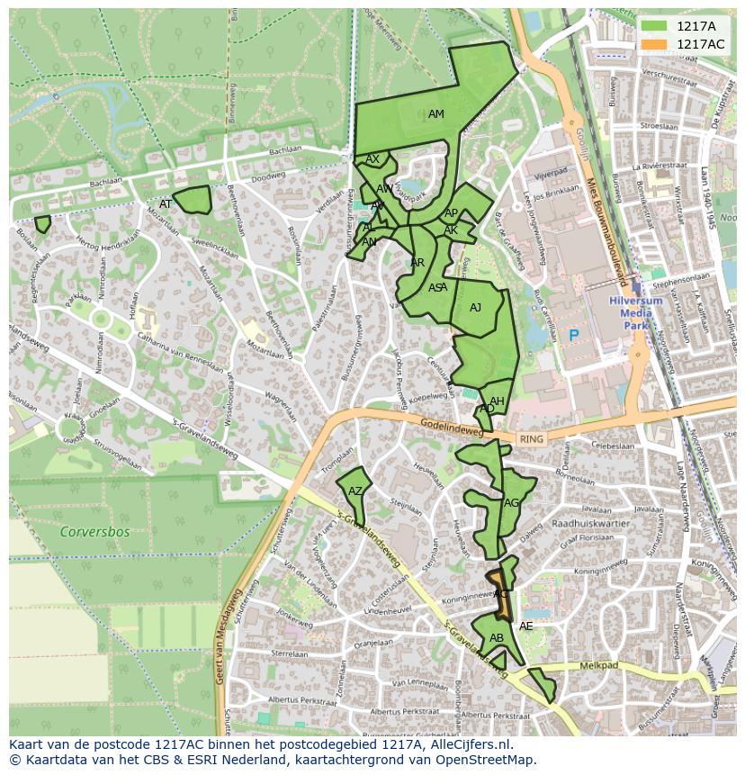 Afbeelding van het postcodegebied 1217 AC op de kaart.