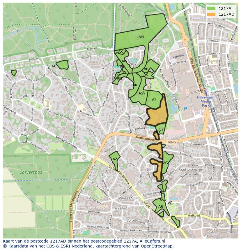 Afbeelding van het postcodegebied 1217 AD op de kaart.