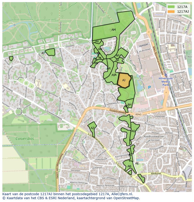 Afbeelding van het postcodegebied 1217 AJ op de kaart.