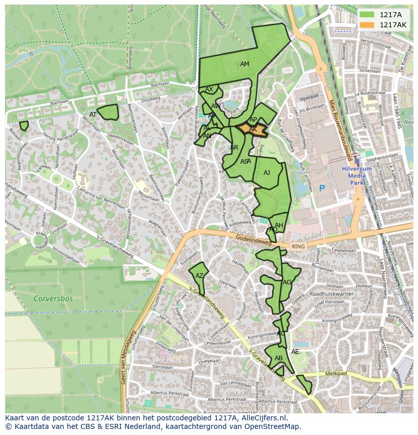 Afbeelding van het postcodegebied 1217 AK op de kaart.
