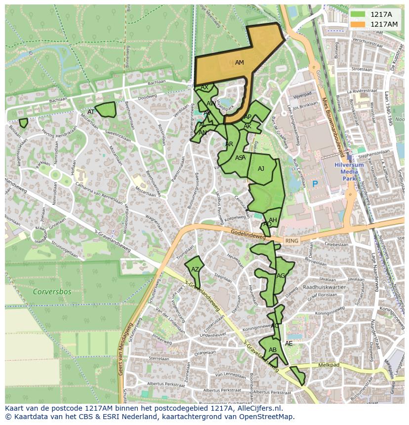 Afbeelding van het postcodegebied 1217 AM op de kaart.