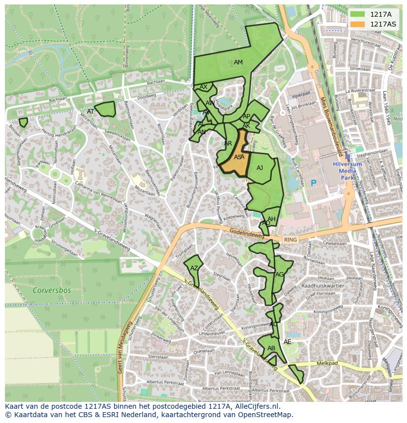 Afbeelding van het postcodegebied 1217 AS op de kaart.