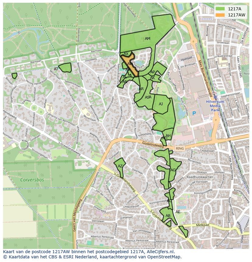 Afbeelding van het postcodegebied 1217 AW op de kaart.