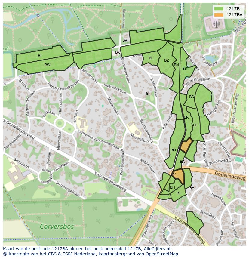 Afbeelding van het postcodegebied 1217 BA op de kaart.