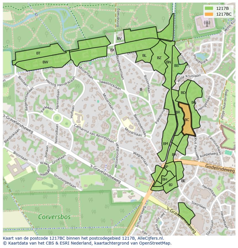 Afbeelding van het postcodegebied 1217 BC op de kaart.