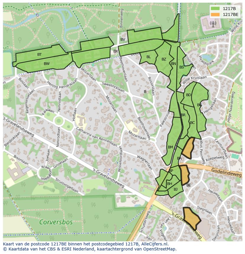 Afbeelding van het postcodegebied 1217 BE op de kaart.