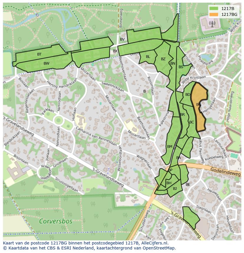 Afbeelding van het postcodegebied 1217 BG op de kaart.