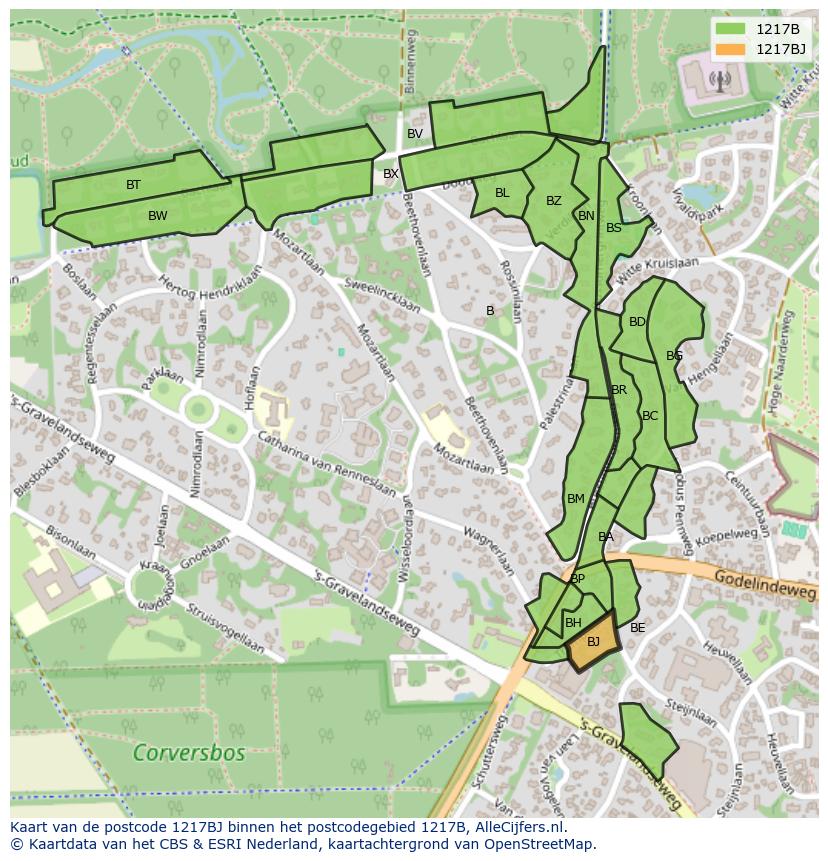Afbeelding van het postcodegebied 1217 BJ op de kaart.