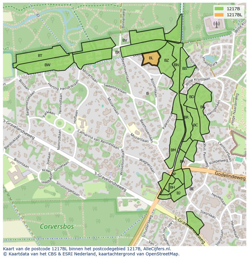 Afbeelding van het postcodegebied 1217 BL op de kaart.