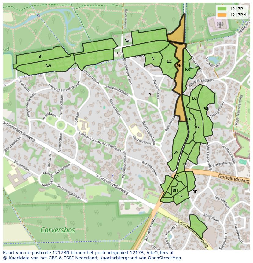 Afbeelding van het postcodegebied 1217 BN op de kaart.