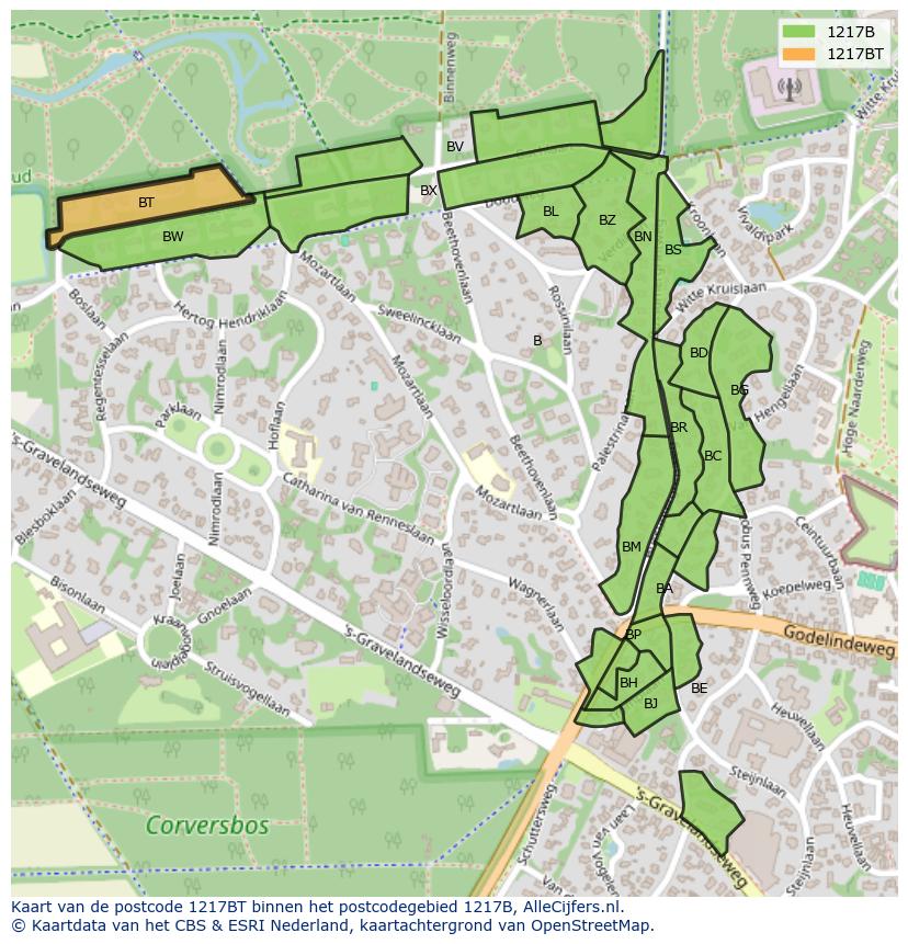 Afbeelding van het postcodegebied 1217 BT op de kaart.