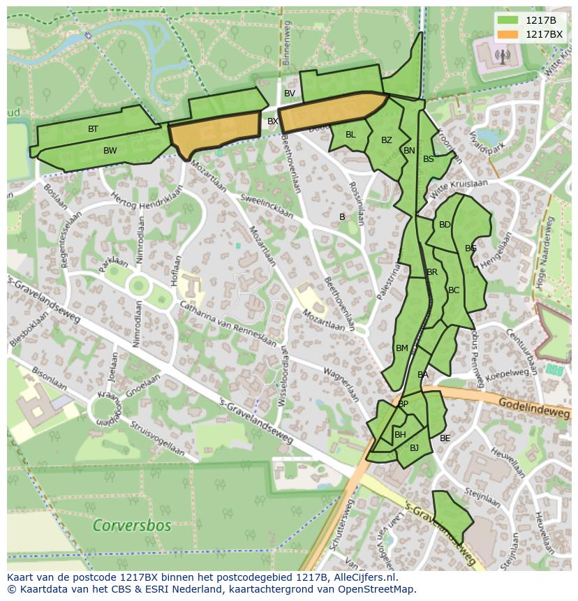 Afbeelding van het postcodegebied 1217 BX op de kaart.