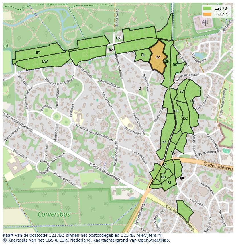 Afbeelding van het postcodegebied 1217 BZ op de kaart.